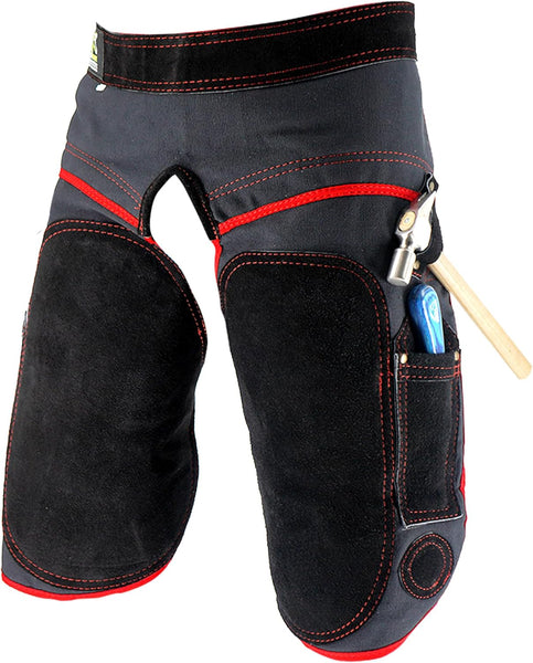 Damen-Hutschmiedechaps aus Leder mit grüner/lila/rosa Paspelierung – 23 Zoll
