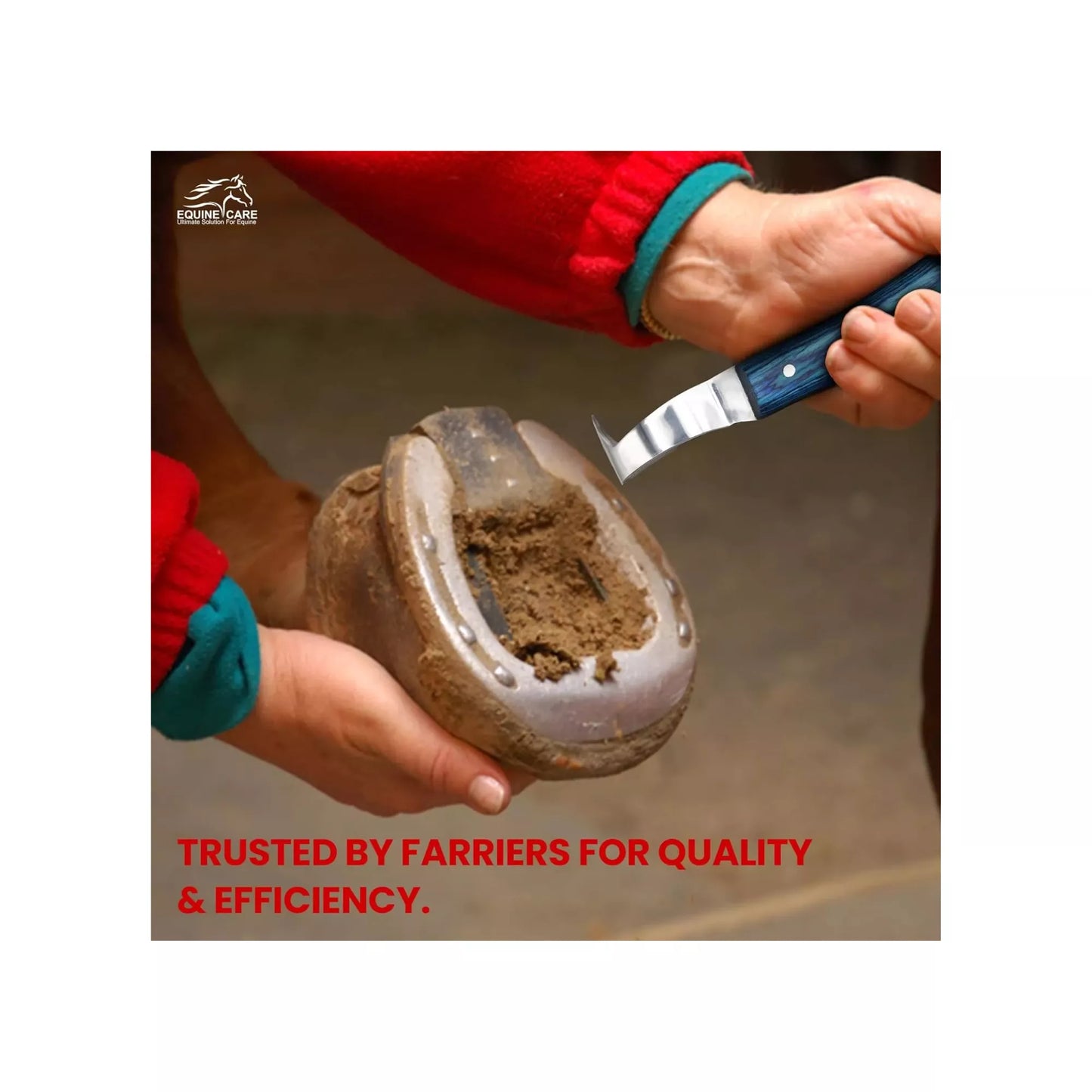 EquineCares blue loop hoof pick knife being used by a farrier for precise hoof cleaning and trimming