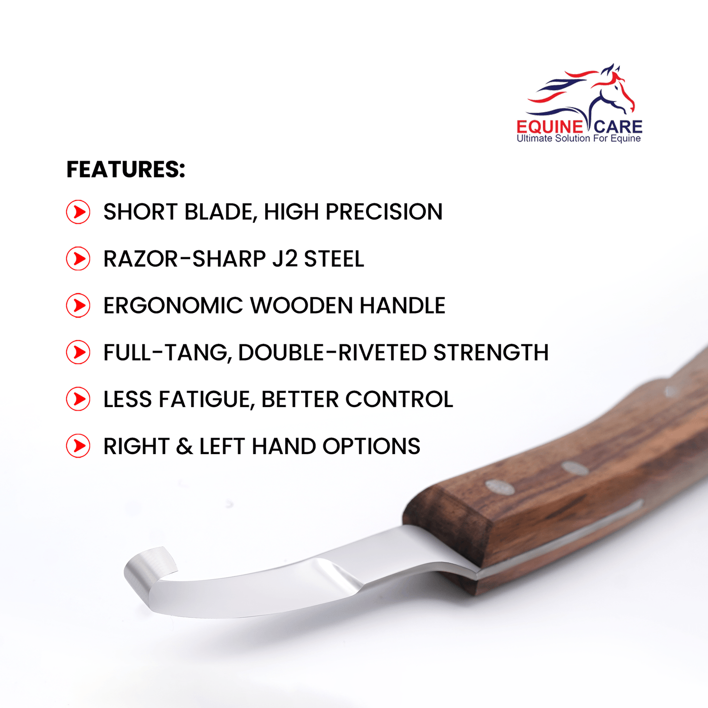 Equine Care short blade farrier hoof knife showing key features including razor-sharp J2 steel blade, ergonomic wooden handle, full-tang double-riveted strength, and right- and left-hand options