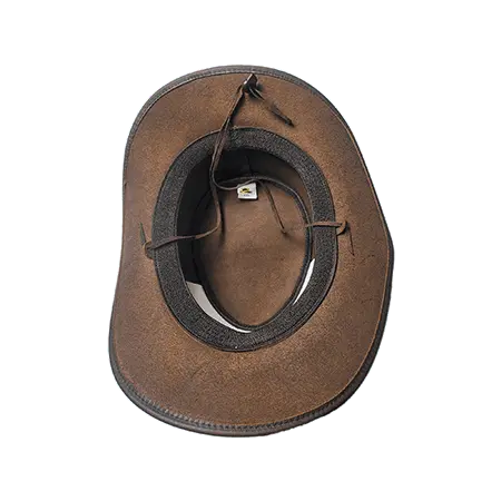 Interior view of Equinecares vintage brown leather cowboy hat showing vented crown sweat wicking band and adjustable unisex fit