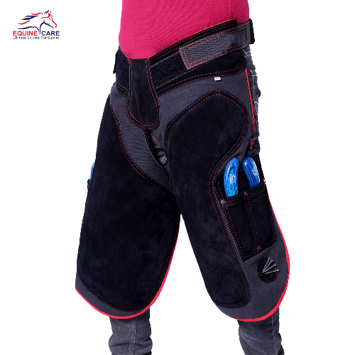 Farrier Chaps with Back Support & 4 Pockets – Red Piping - Equine Care