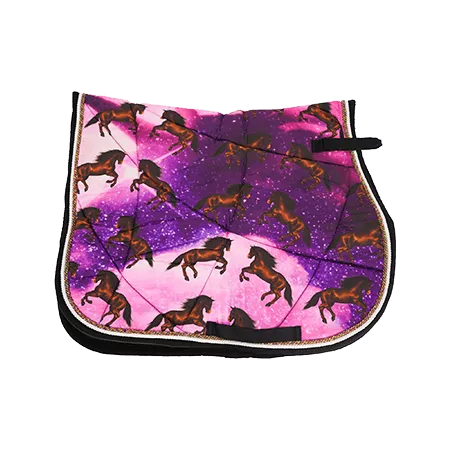 Large galaxy horse print saddle pad featuring breathable material, quilted cushioning, and universal English saddle fit
