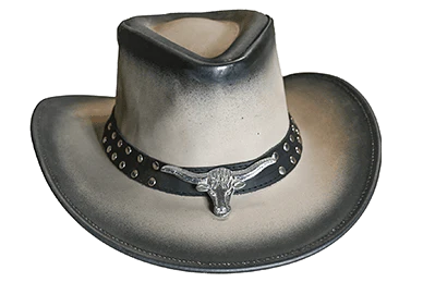Long Horn Leather Cowboy Hat - Sand Black Ombre Cowhide with Shapeable Brim & Chin Strap, S-XXL