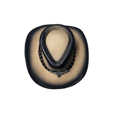 Long Horn Leather Cowboy Hat - Sand-Black Ombre Western Design
