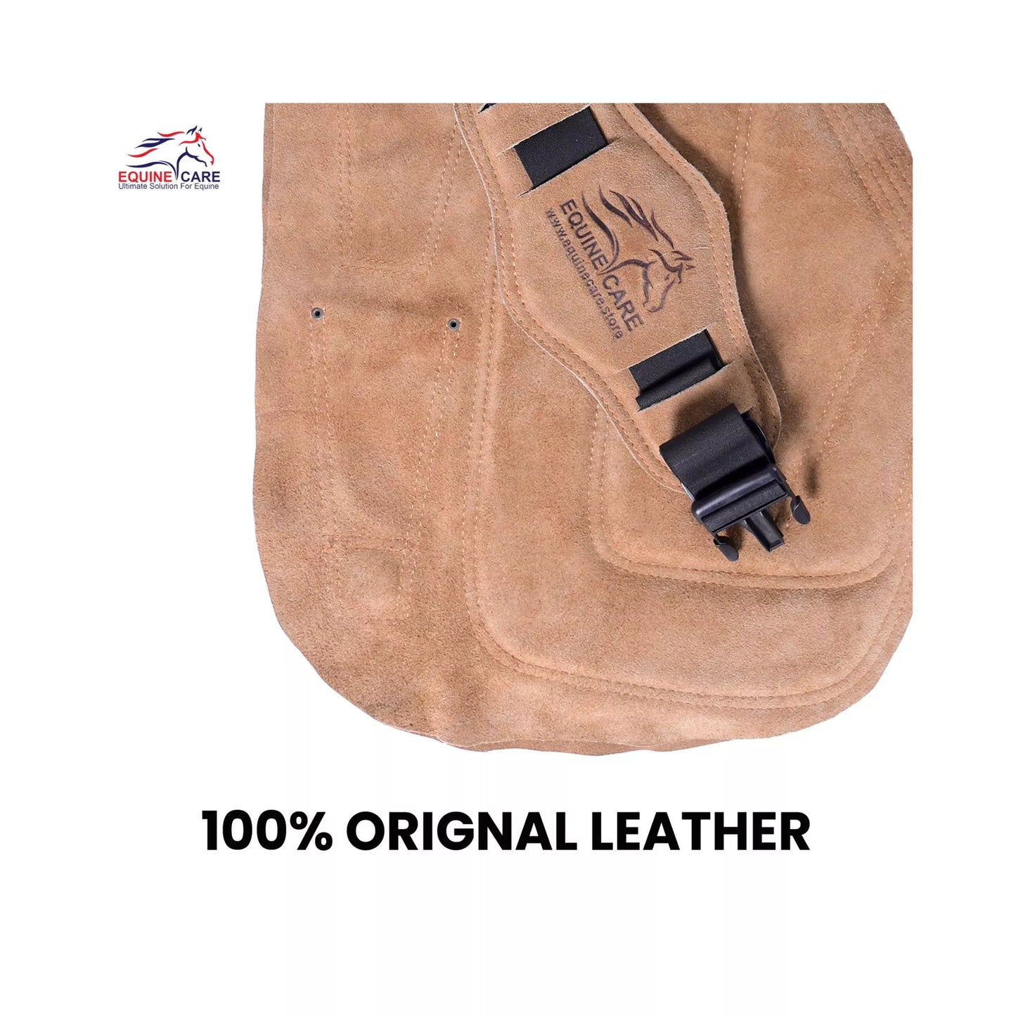 Close-up of brown genuine leather farrier chap showing natural leather texture, reinforced stitching, and adjustable strap system for professional horse shoeing and hoof care work