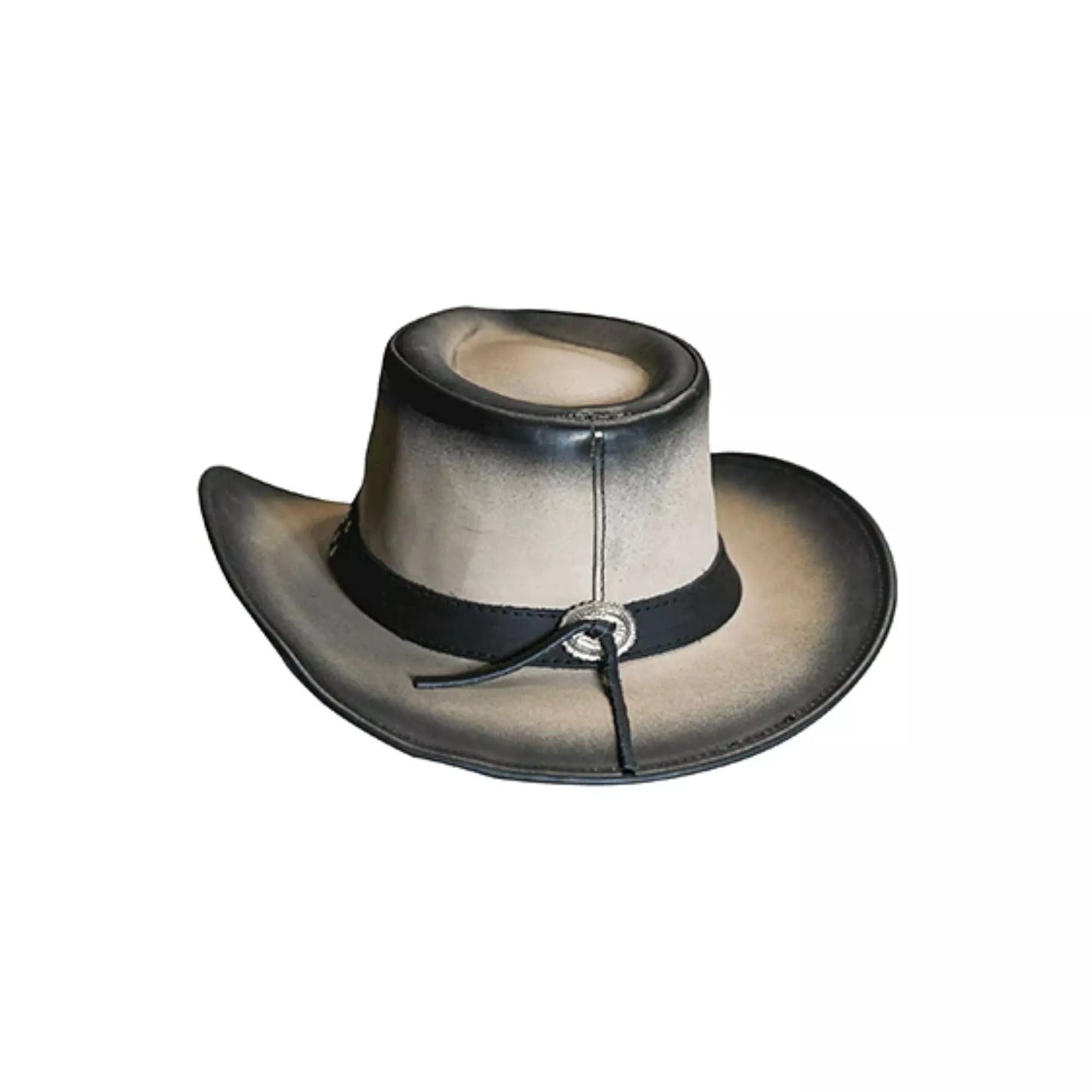 back view of equinecares long horn leather cowboy hat with adjustable leather chin strap and reinforced brim edge