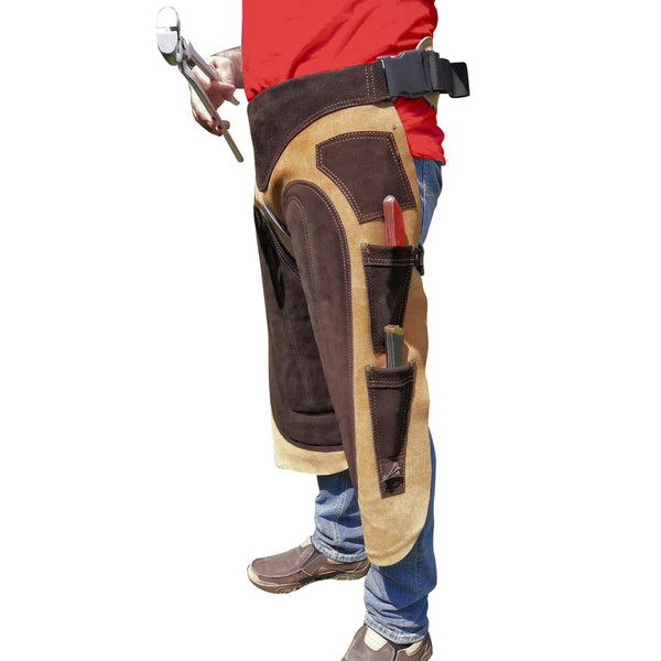 Professional farrier wearing Equine Care leather farrier apron with tool pockets and adjustable waist belt.