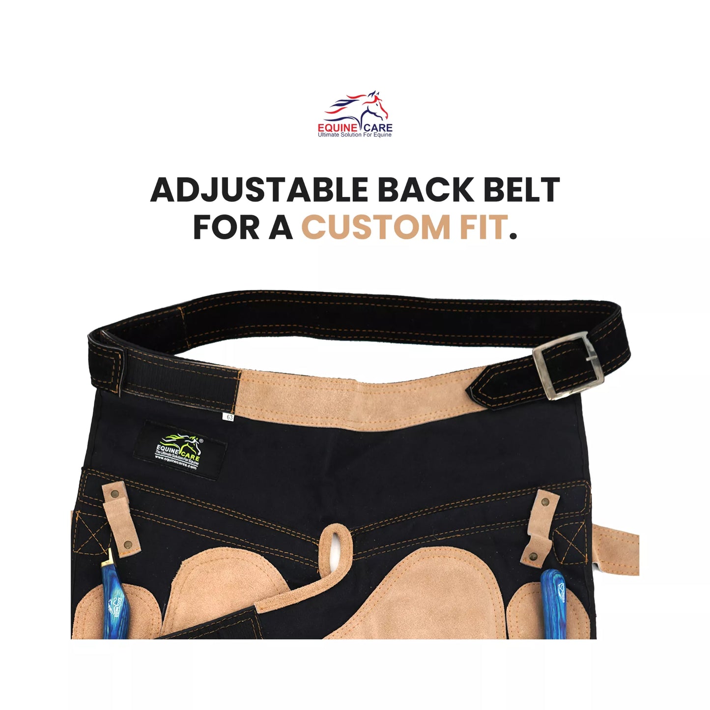 Women’s Femme Farrier Apron Close-up of Femme Farrier Apron 25-inch showing adjustable back belt with metal buckle, designed to provide a secure custom fit and improved comfort during professional farrier work