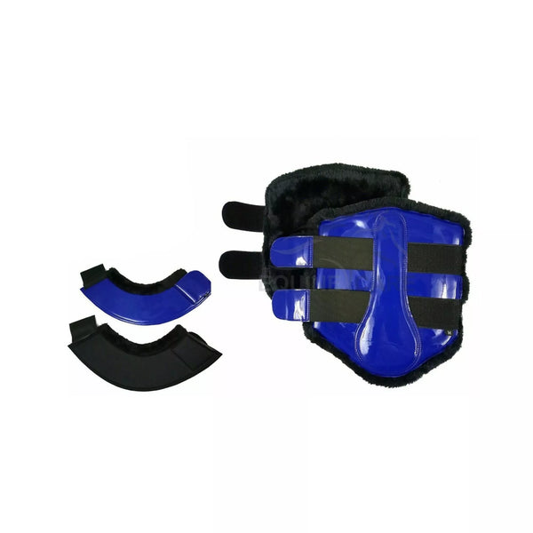 Blue horse tendon and fetlock boots featuring reinforced PVC shell and adjustable hook and loop straps