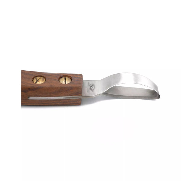 Close up of double edged loop hoof knife blade made from J2 stainless steel attached to ergonomic wooden handle
