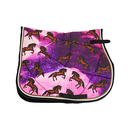 Galaxy-themed horse saddle pad with galloping horse print.
