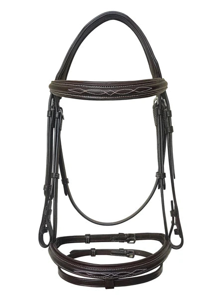 English Leather Horse Bridle with fancy-stitched browband and padded crown by Equine Care.