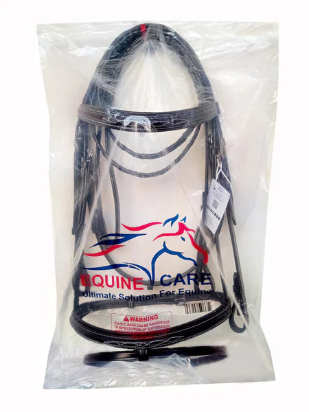 Handcrafted English Leather Horse Bridle featuring padded noseband and stainless steel buckles.