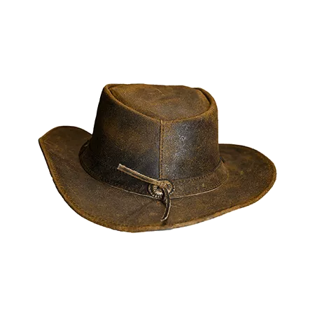 Back view of distressed brown leather cowboy hat showing adjustable chin strap and weathered cowhide finish