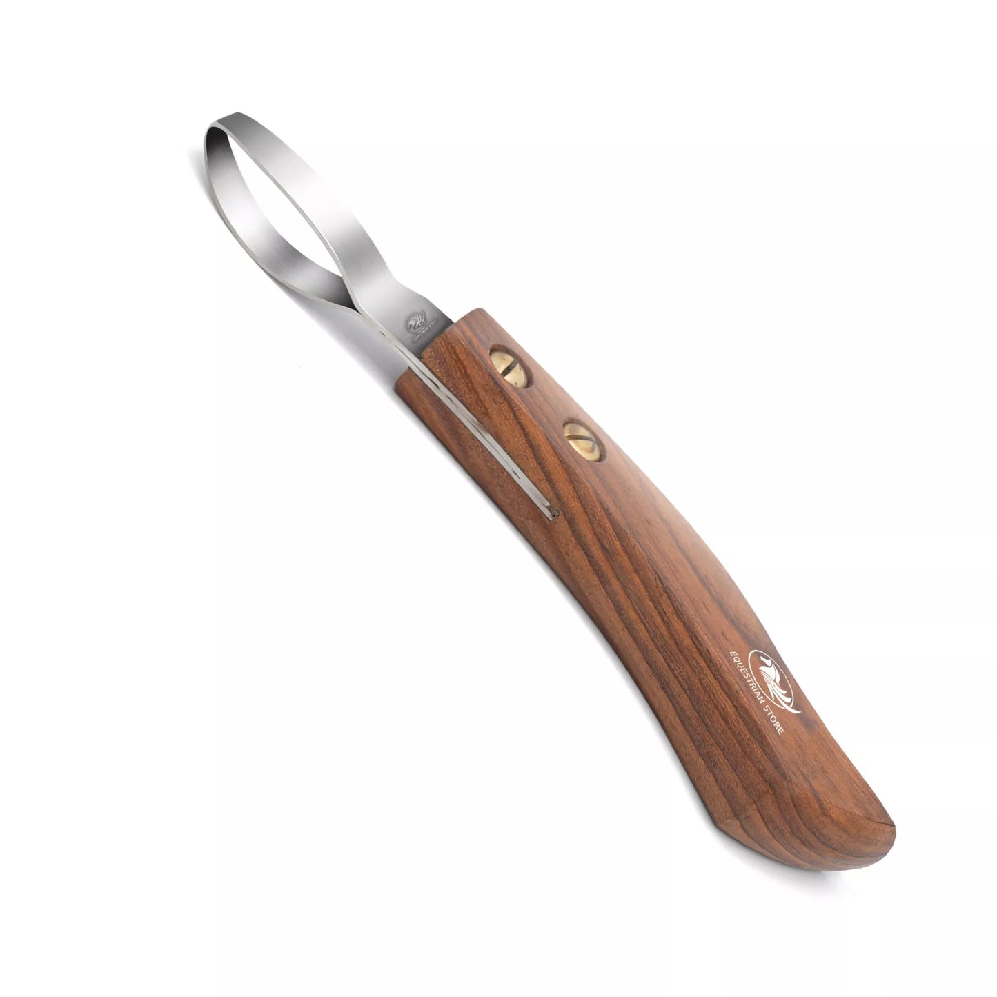 Double edged wooden loop hoof knife with stainless steel blade and ergonomic wooden handle designed for both right and left handed users