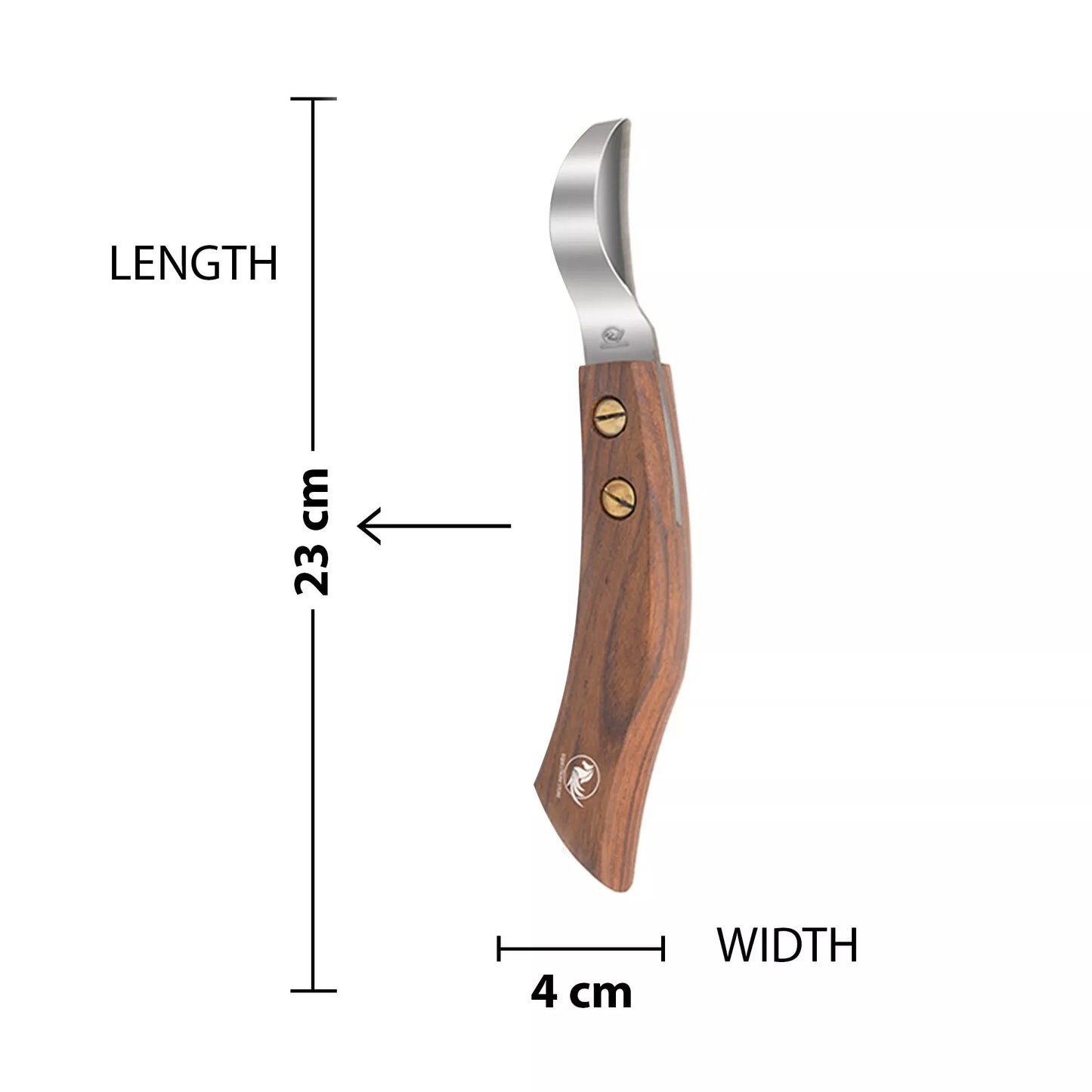 Double edged wooden loop hoof knife size diagram showing 23 centimeter length and 4 centimeter width for accurate size reference