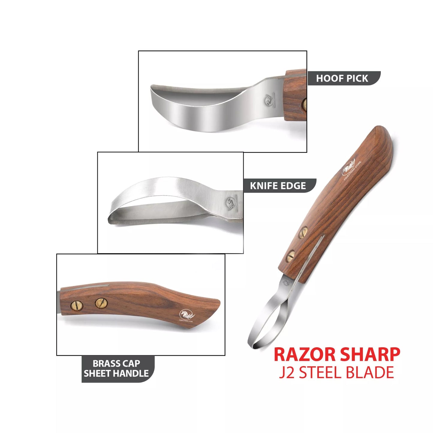 Feature highlight image of double edged wooden loop hoof knife showing razor sharp J2 steel blade knife edge hoof pick and brass capped wooden handle
