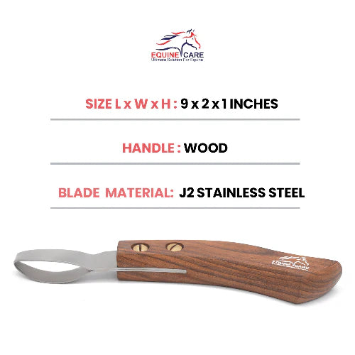 Specification image of double edged wooden loop hoof knife showing size 9 x 2 x 1 inches with wood handle and J2 stainless steel blade