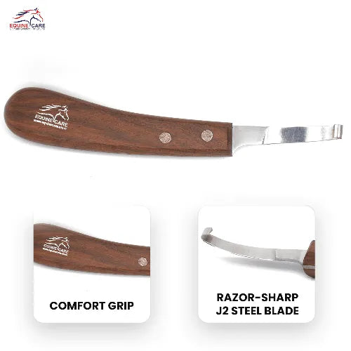Elite Hoof Knife for Horses – Right & Left, Short Blade, Wooden Handle - Equine Care