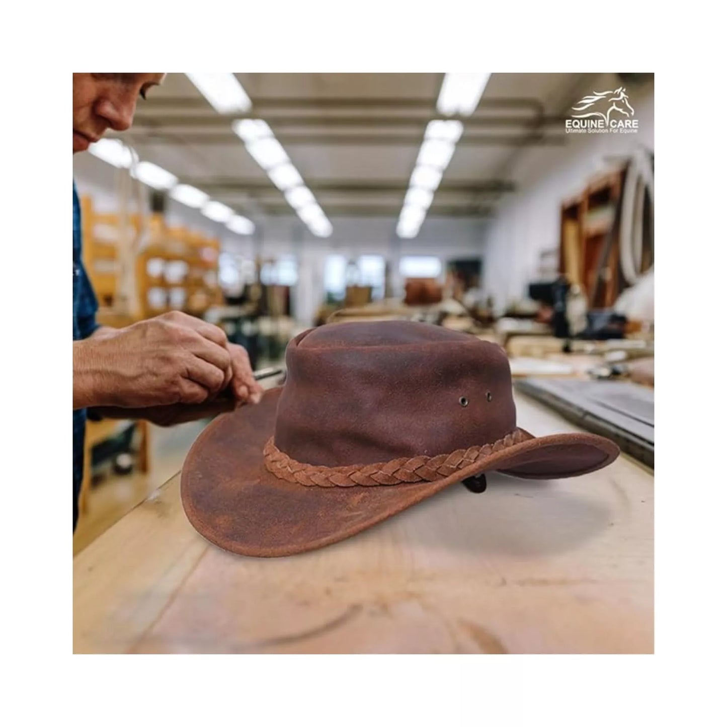 Close view of Equiencares genuine leather cowboy hat being handcrafted showing quality stitching and rustic leather texture
