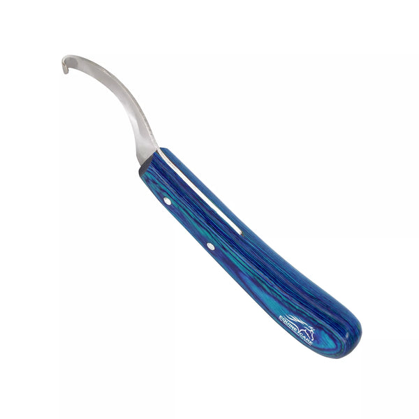 Blaues Hufmesser mit gebogener Klinge – Hufschmiedmesser aus J2-Stahl mit ergonomischem Griff