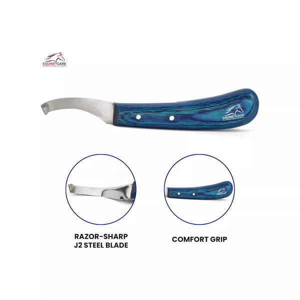 Feature image of EquineCares blue curved blade hoof knife highlighting razor sharp J2 steel blade and comfort grip handle