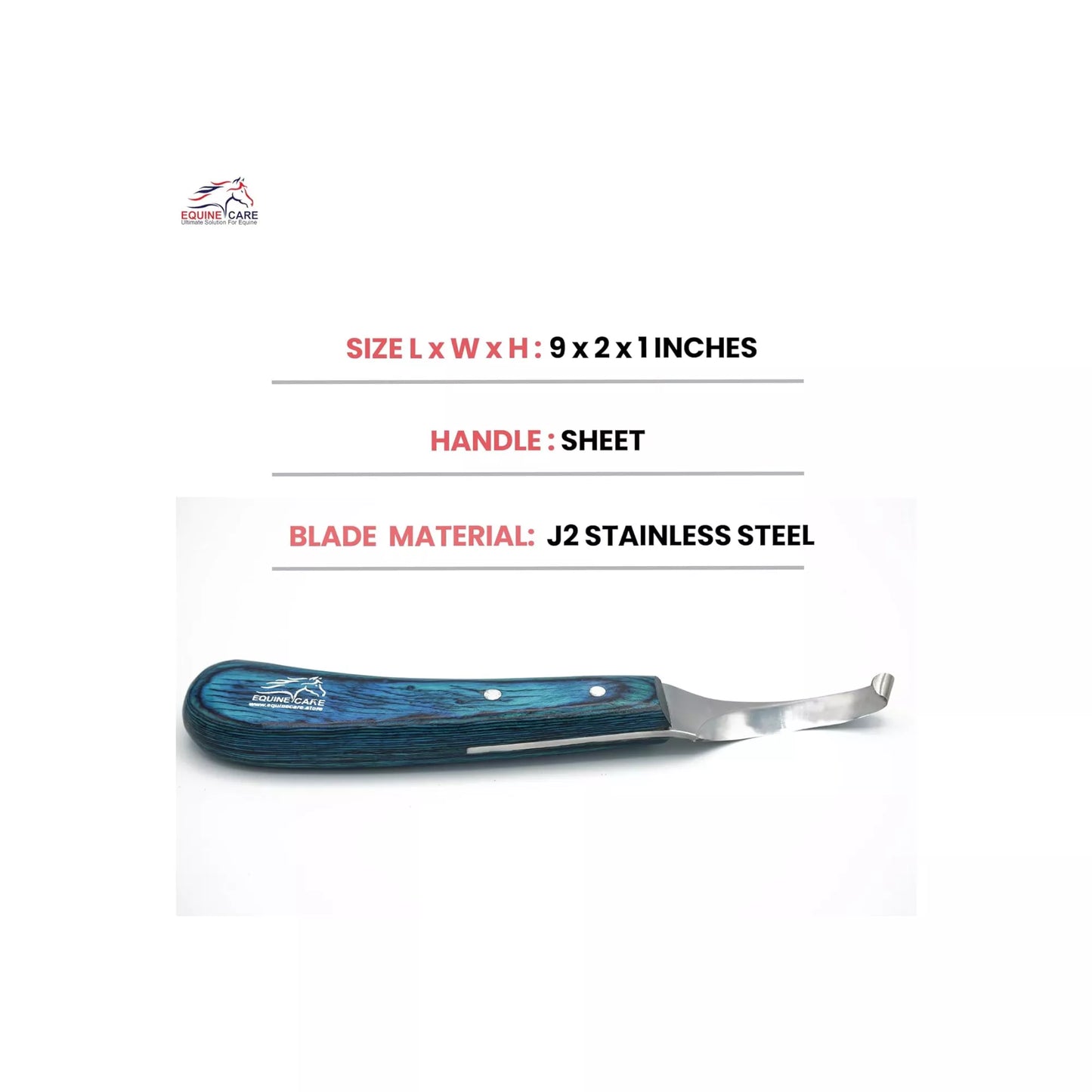 Specification image of EquineCares blue curved blade hoof knife showing size 9 x 2 x 1 inches sheet handle and J2 stainless steel blade