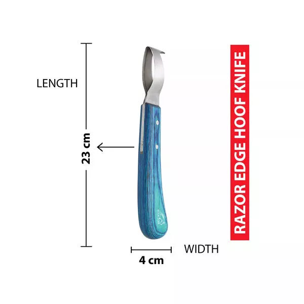 EquineCares blue loop hoof pick knife size diagram showing 23 centimeter length and 4 centimeter width