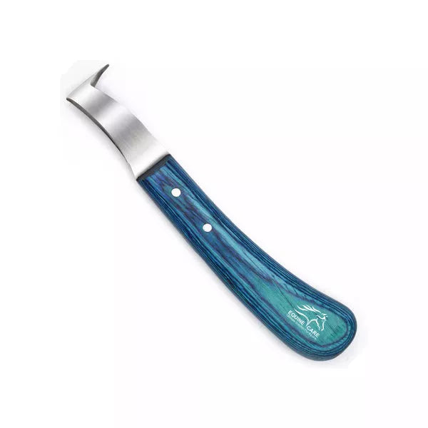 EquineCares blue loop hoof pick knife with razor edge J2 stainless steel blade and ergonomic blue sheet handle
