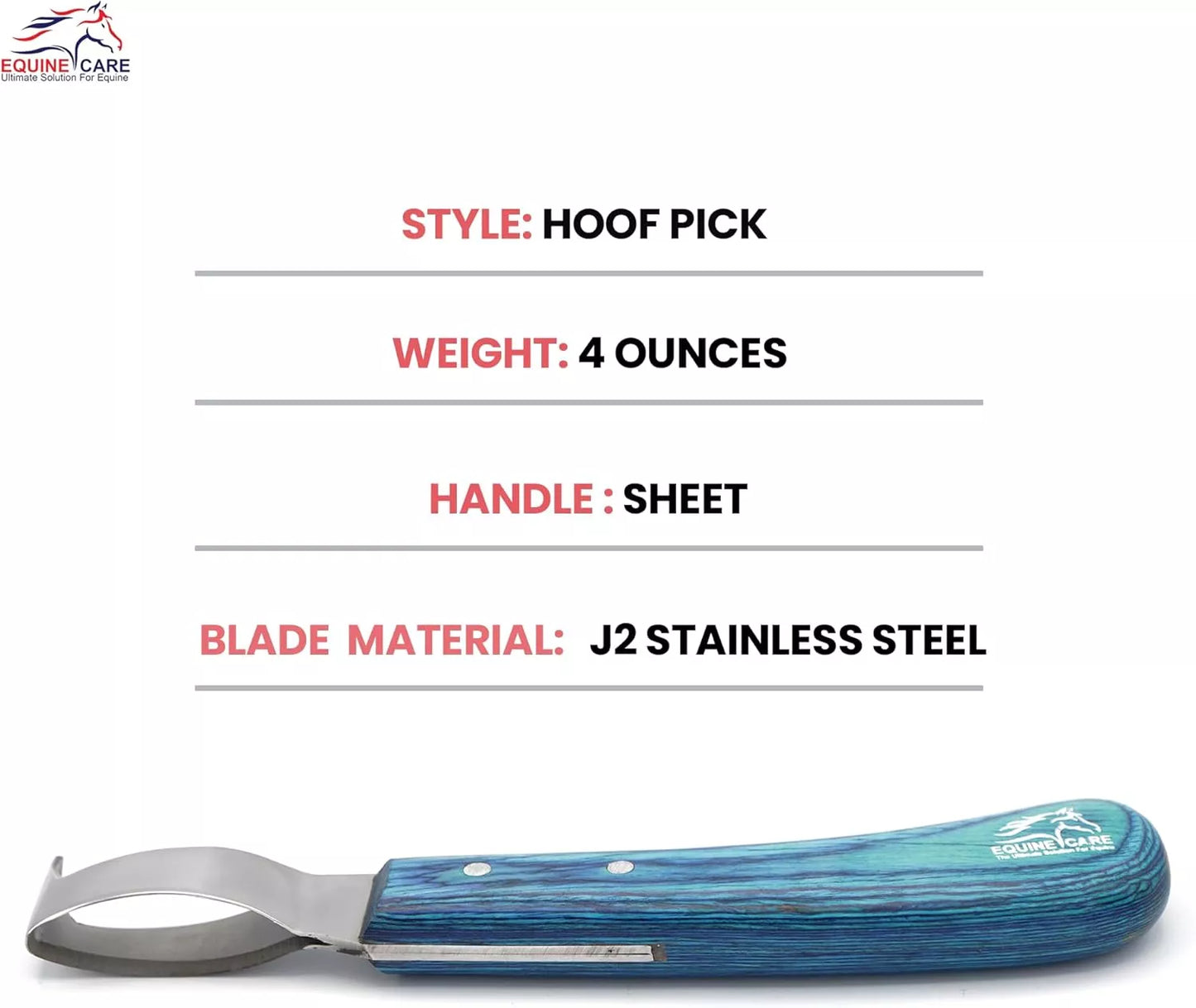 Specification image of EquineCares blue loop hoof pick knife showing 4 ounce weight sheet handle and J2 stainless steel blade