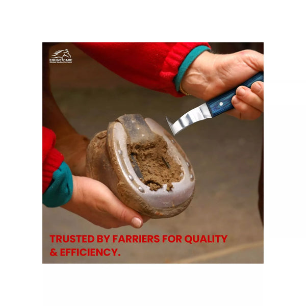 EquineCares blue loop hoof pick knife being used by a farrier for precise hoof cleaning and trimming