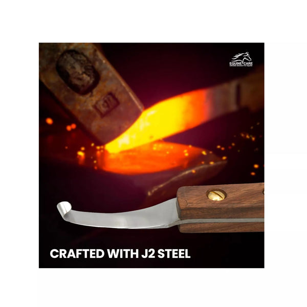 EquineCares wooden farrier hoof knife showing J2 stainless steel blade crafted for strength and sharpness