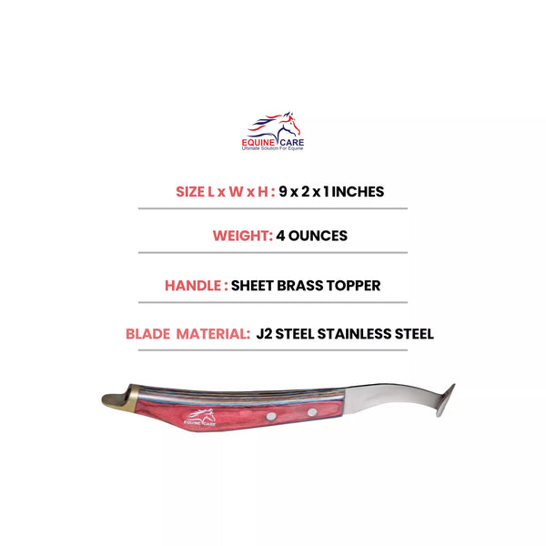 Specification image of EquineCares hoof pick farrier knife tool showing 9 x 2 x 1 inch size 4 ounce weight sheet handle with brass topper and J2 stainless steel blade