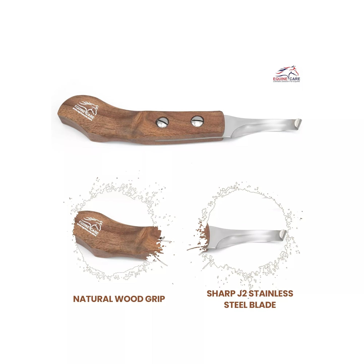 Side profile of EquineCares wooden farrier hoof knife with curved stainless steel blade and Sheesham handle