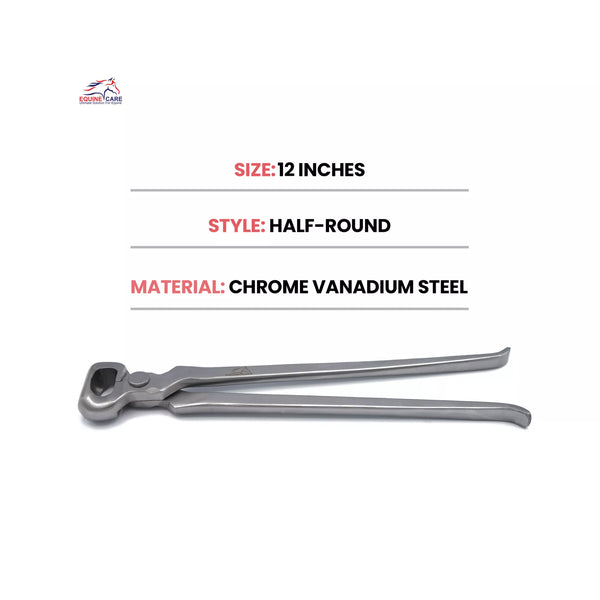 Equine Care 12-inch half-round hoof nipper showing size, style, and chrome vanadium steel construction, professional farrier tool