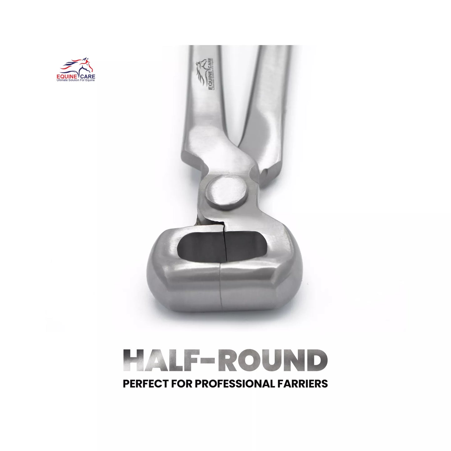 Equine Care 12-inch half-round hoof nipper showing cutting head detail, professional farrier tool designed for precise and controlled hoof trimming