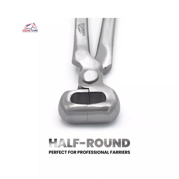 Equine Care 12-inch half-round hoof nipper showing cutting head detail, professional farrier tool designed for precise and controlled hoof trimming