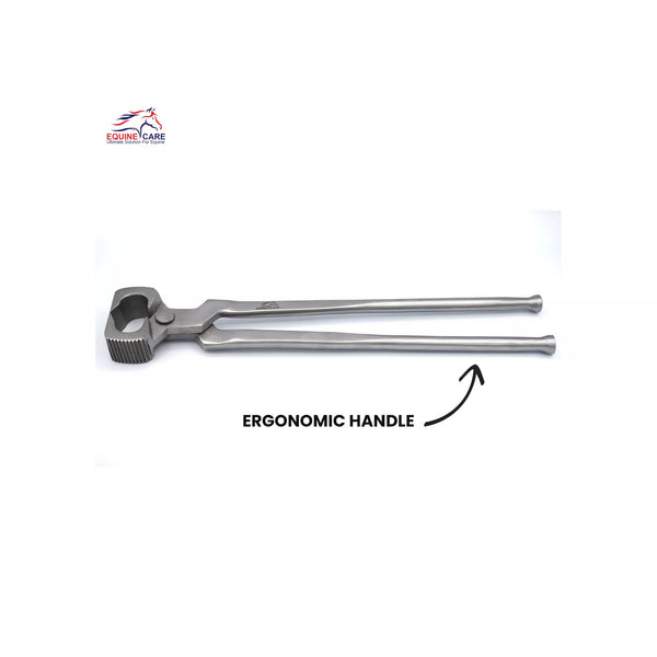 Full length view of Equine Care 14 inch farrier pliers showing balanced professional design