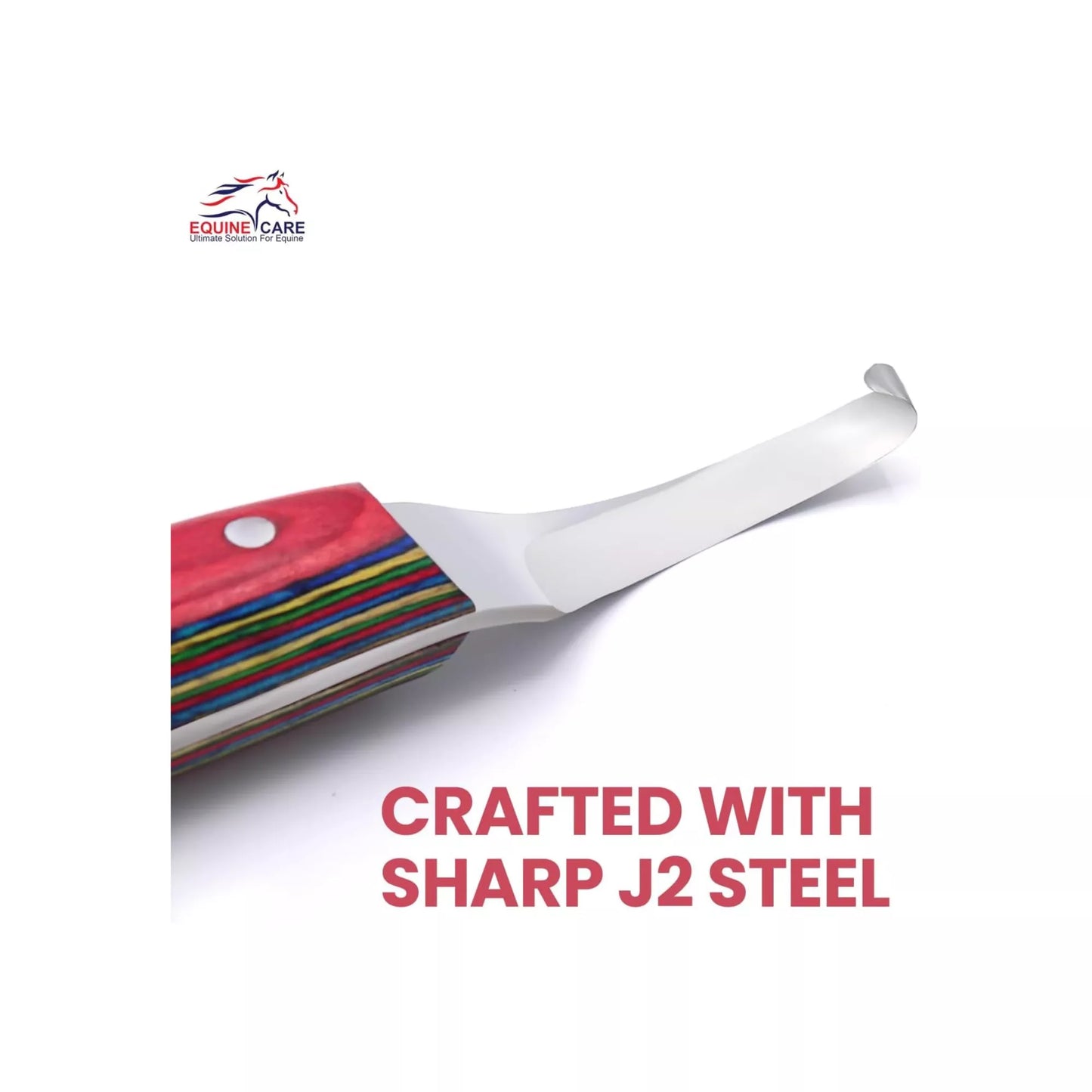 Close-up of Equine Care brass topper farrier hoof knife highlighting sharp J2 steel blade designed for precise, durable, and professional hoof trimming