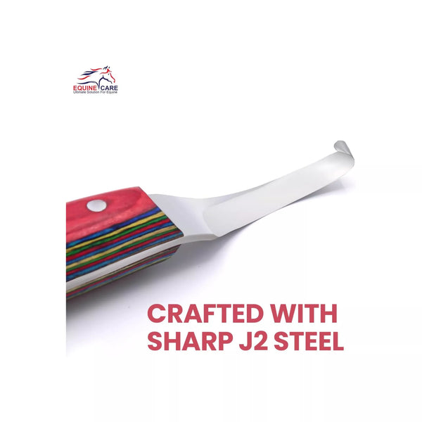 Close-up of Equine Care brass topper farrier hoof knife highlighting sharp J2 steel blade designed for precise, durable, and professional hoof trimming