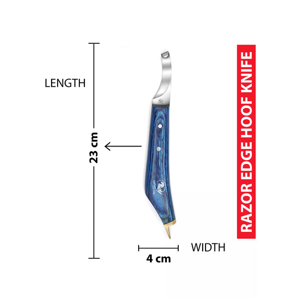 Equine Care brass topper farrier hoof knife showing dimensions of 23 cm length and 4 cm width, featuring a curved J2 steel blade and brass end cap for professional hoof trimming