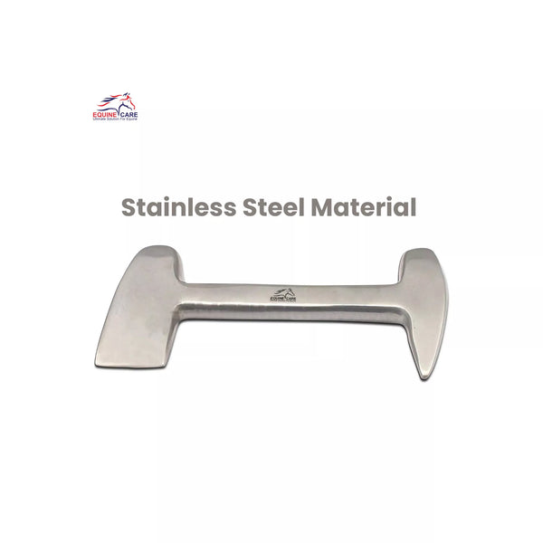 Close-up of stainless steel cutting edge on Equine Care clinch cutter for safe horseshoe clinch removal