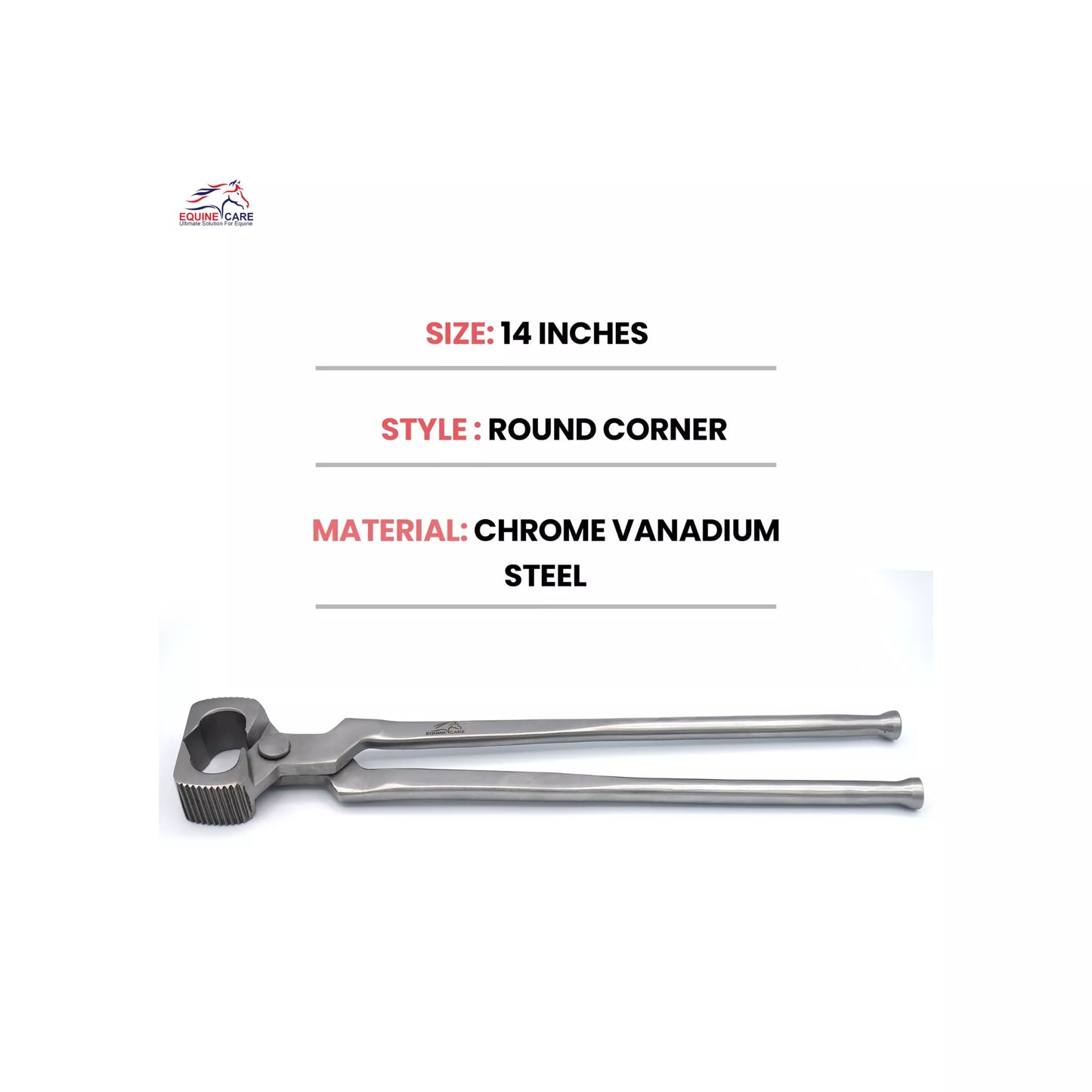 Heavy-duty joint detail of Equine Care 14 inch farrier pliers forged from chrome vanadium steel