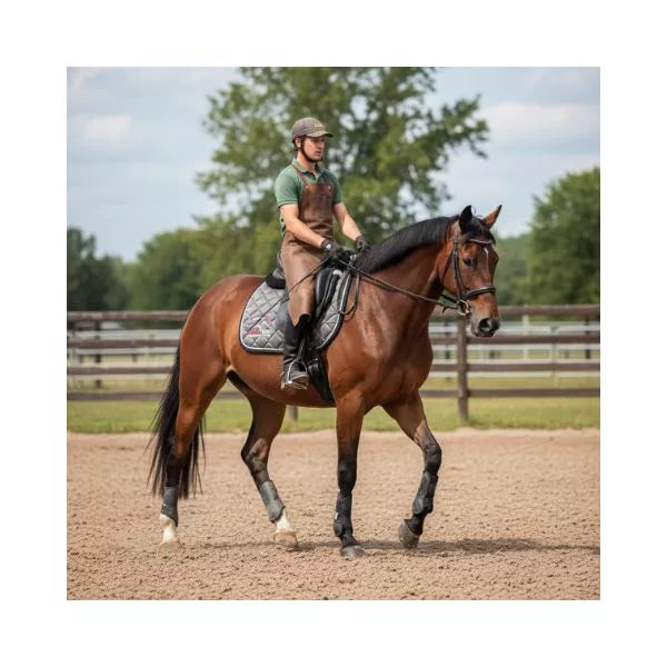 Large horse wearing Equine Care full size English saddle pad with honeycomb quilting during riding session