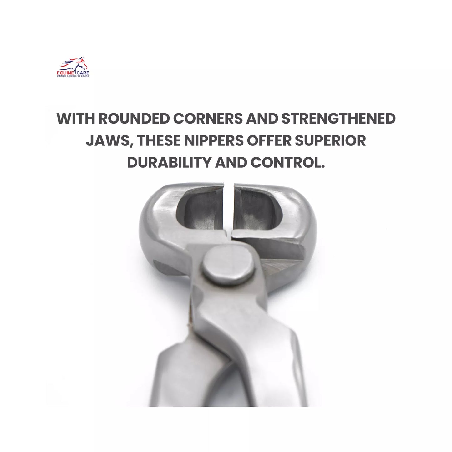 Close-up of Equine Care half-round hoof nipper showing rounded corners and strengthened jaws for improved durability and precise farrier control