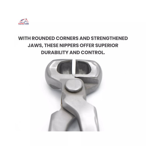 Close-up of Equine Care half-round hoof nipper showing rounded corners and strengthened jaws for improved durability and precise farrier control