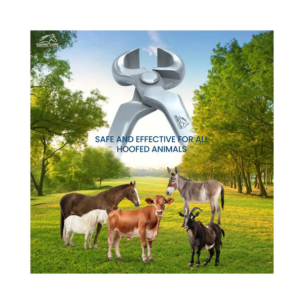Equine Care half-round hoof nipper shown with horses, donkeys, cattle, and goats, illustrating safe and effective hoof trimming for all hoofed animals