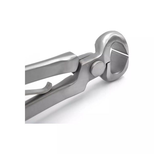 Equine Care spring-loaded hoof nippers showing sharp stainless steel cutting head and pivot joint for controlled hoof trimming - 10″ & 12″ Farrier Nippers Set