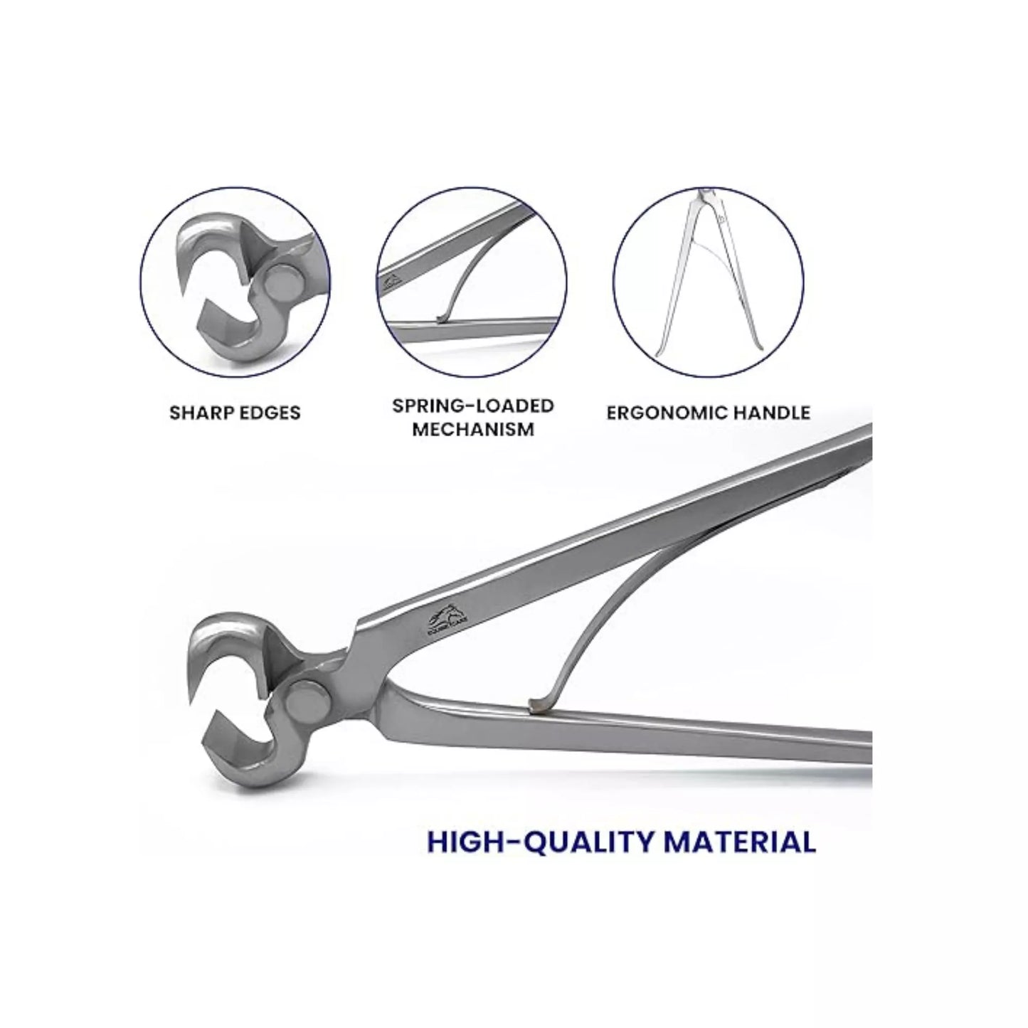 Equine Care hoof nippers highlighting sharp cutting edges, spring-loaded mechanism, ergonomic handle, and high-quality stainless steel construction