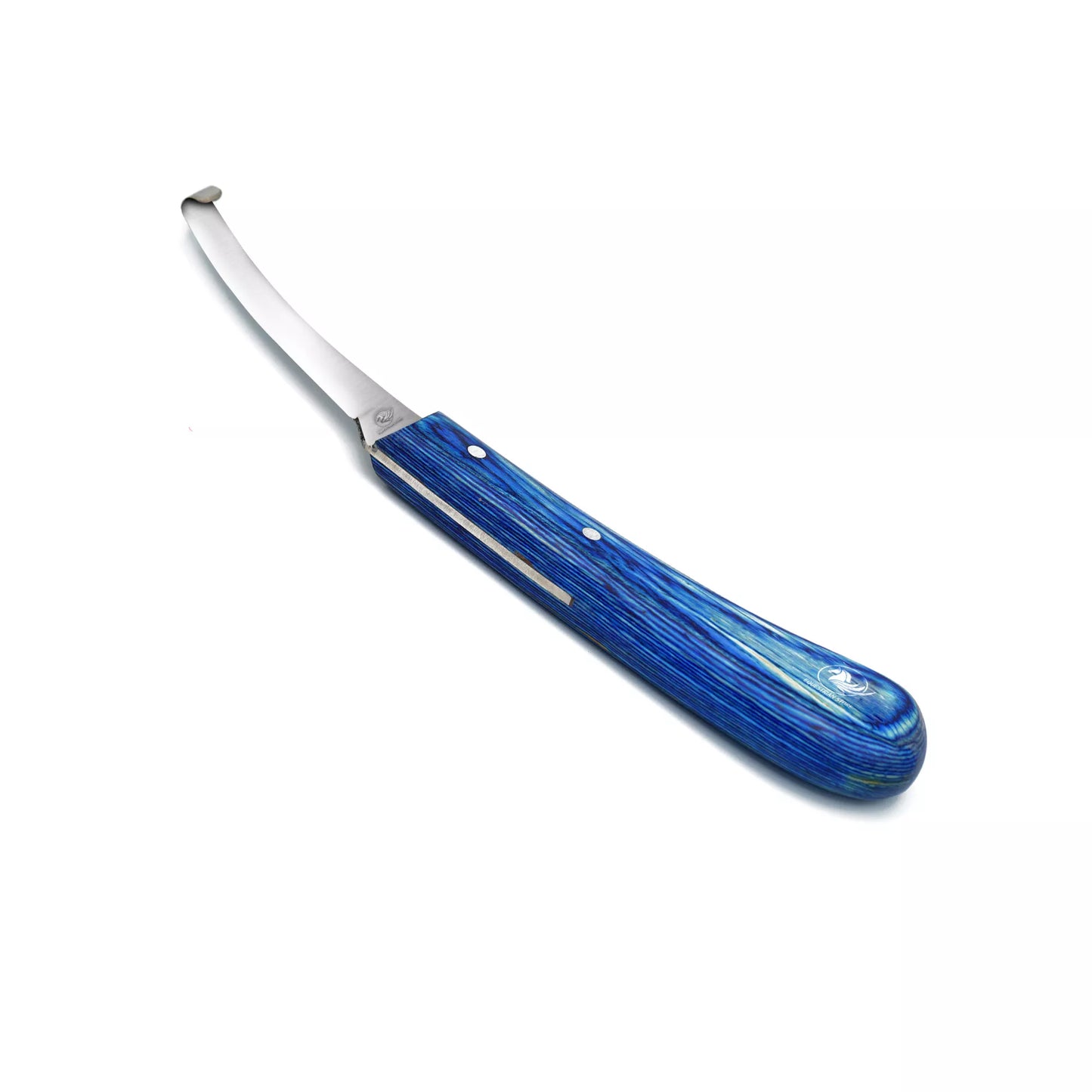 Equine Care narrow blade hoof knife made from J2 steel, featuring an ergonomic blue handle for precise and controlled hoof trimming